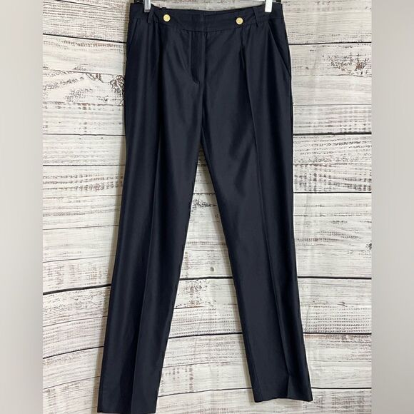 Massimo Dutti trouser Womens Size 28 gold Crest buttons Navy Denim Pants office - Picture 6 of 11